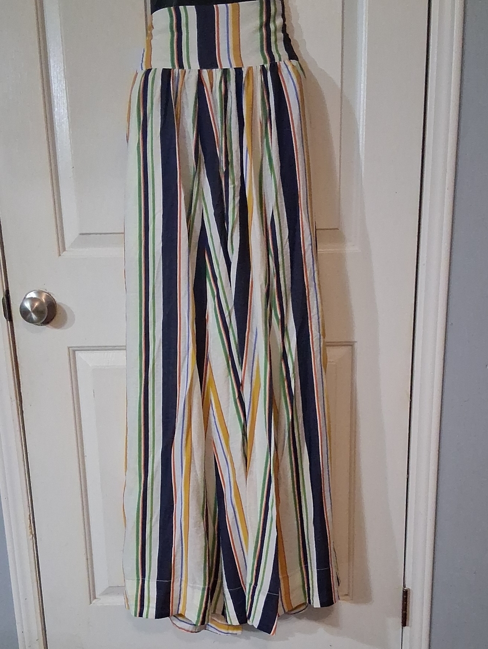 A-Line Maxi Skirt with Vertical Multicolor Stripes - White, Navy & Green